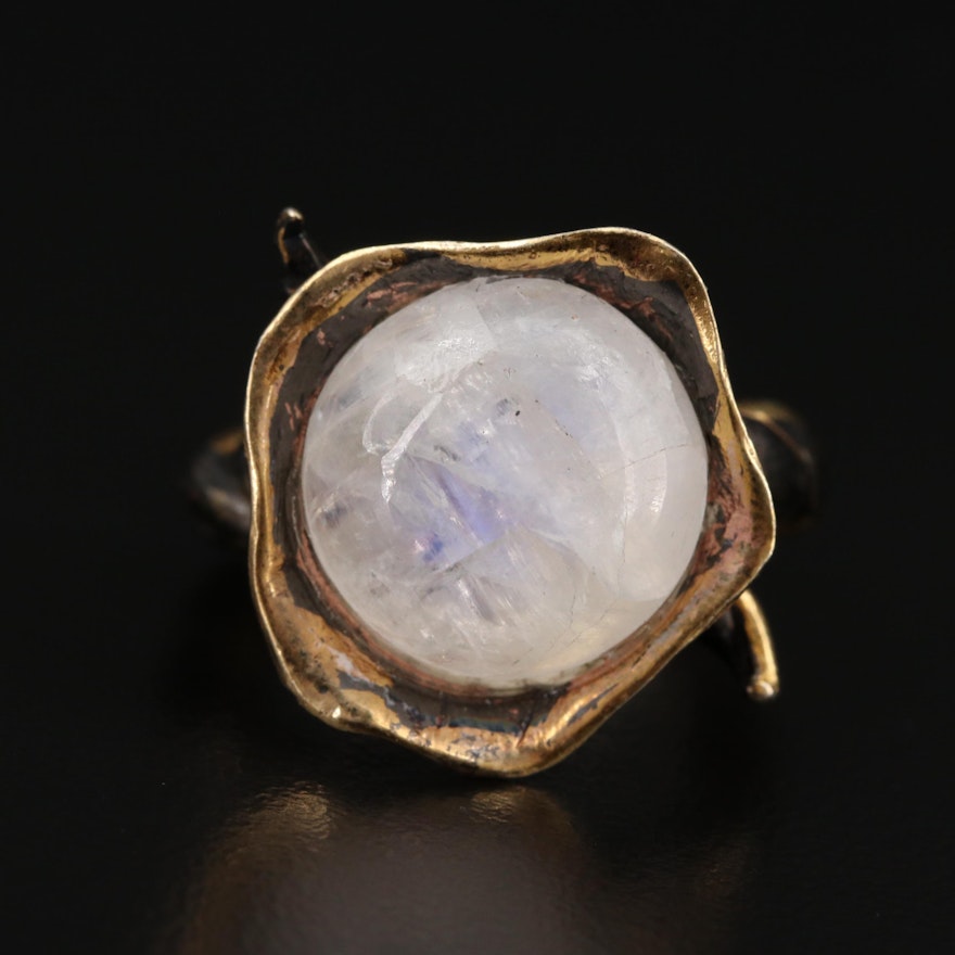 Sterling Silver Rainbow Moonstone Floral Motif Ring