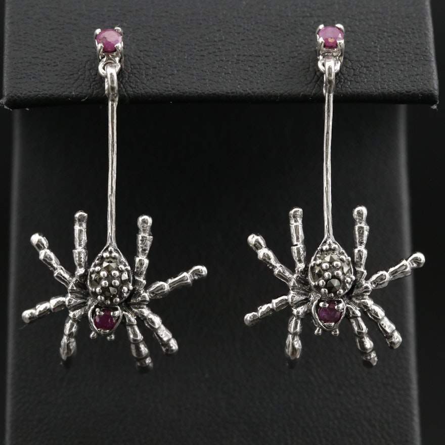 Sterling Silver Ruby and Marcasite Spider Dangle Earrings