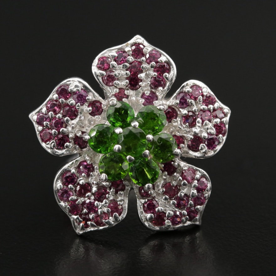 Sterling Silver Diopside and Rhodium Garnet Flower Ring