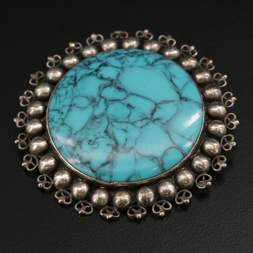 Vintage Mexican Sterling Silver Faux Turquoise Brooch