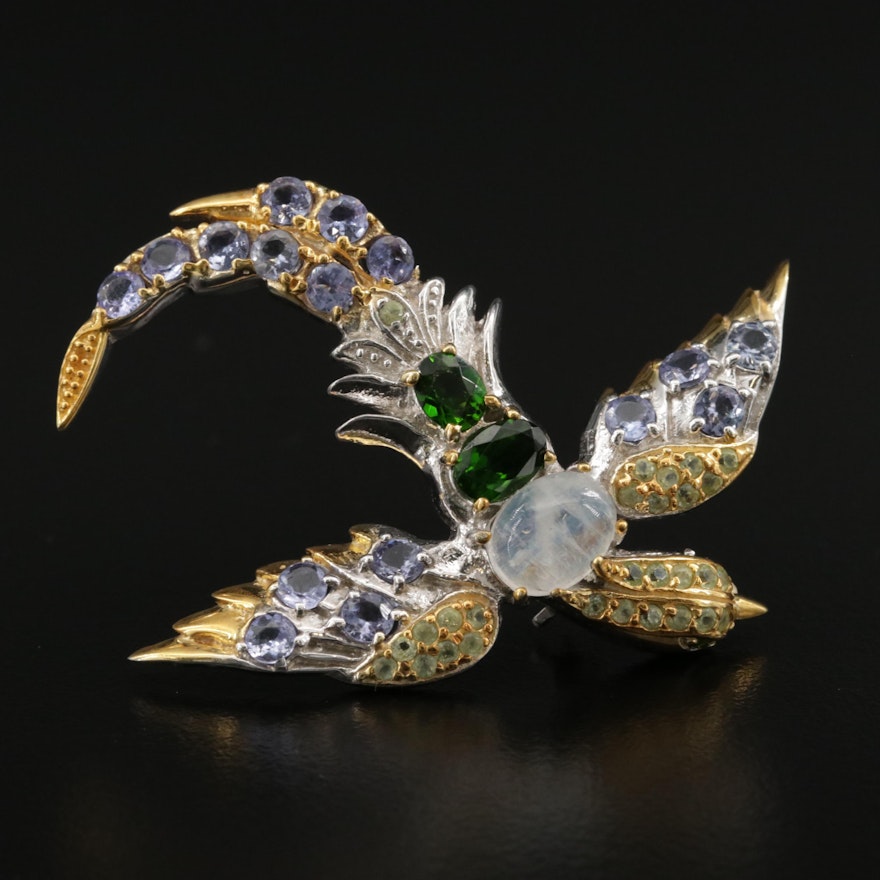 Sterling Bird Brooch Including Labradorite, Diopside and Tanzanite