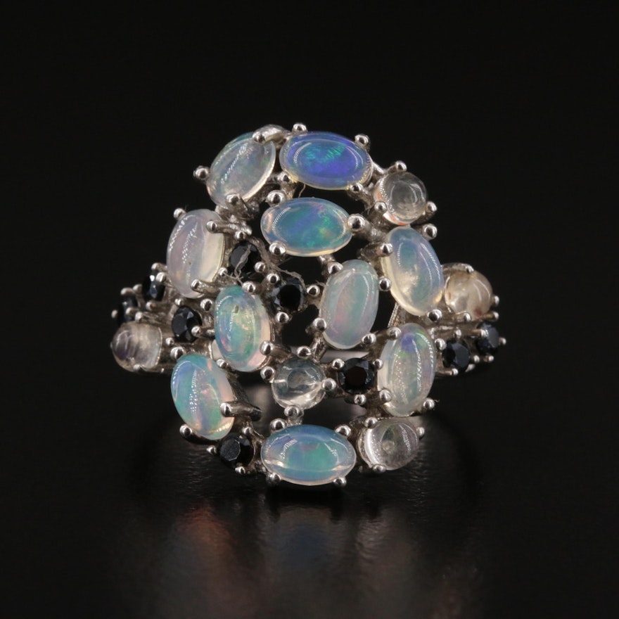 Sterling Silver Black Onyx and Opal Cluster Ring