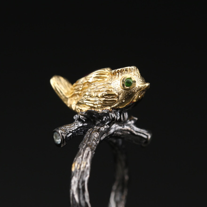 Sterling Silver Rhodolite Garnet, Garnet and Diopside Bird Ring