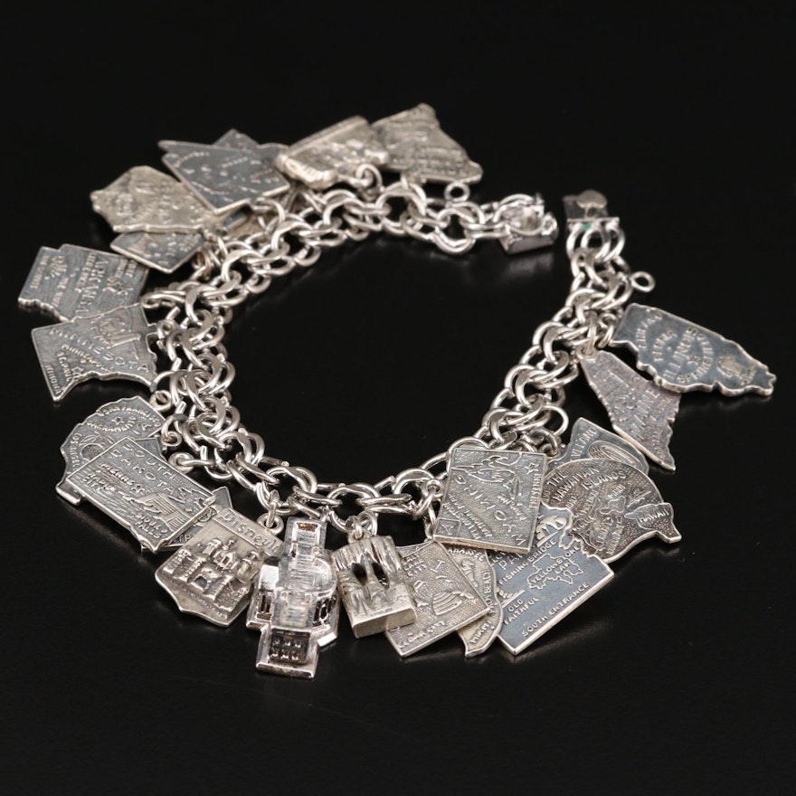 Vintage Sterling Silver U.S. States and Landmarks Charm Bracelet