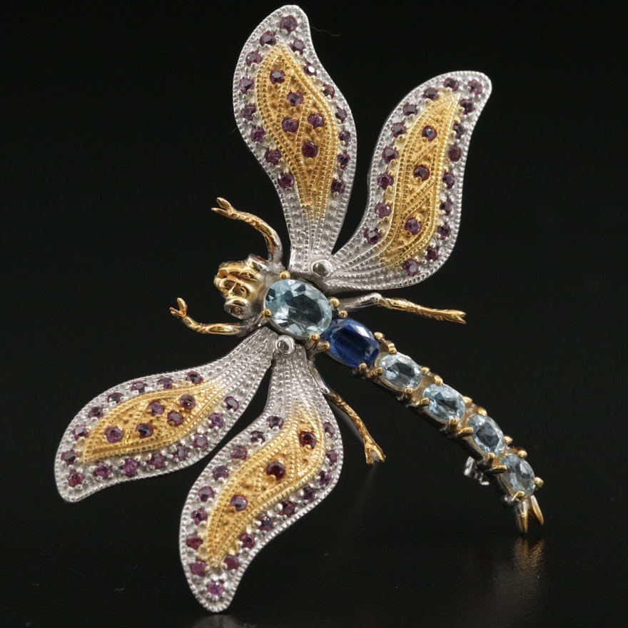 Sterling Dragonfly Brooch with Sapphire, Garnet and Aquamarine