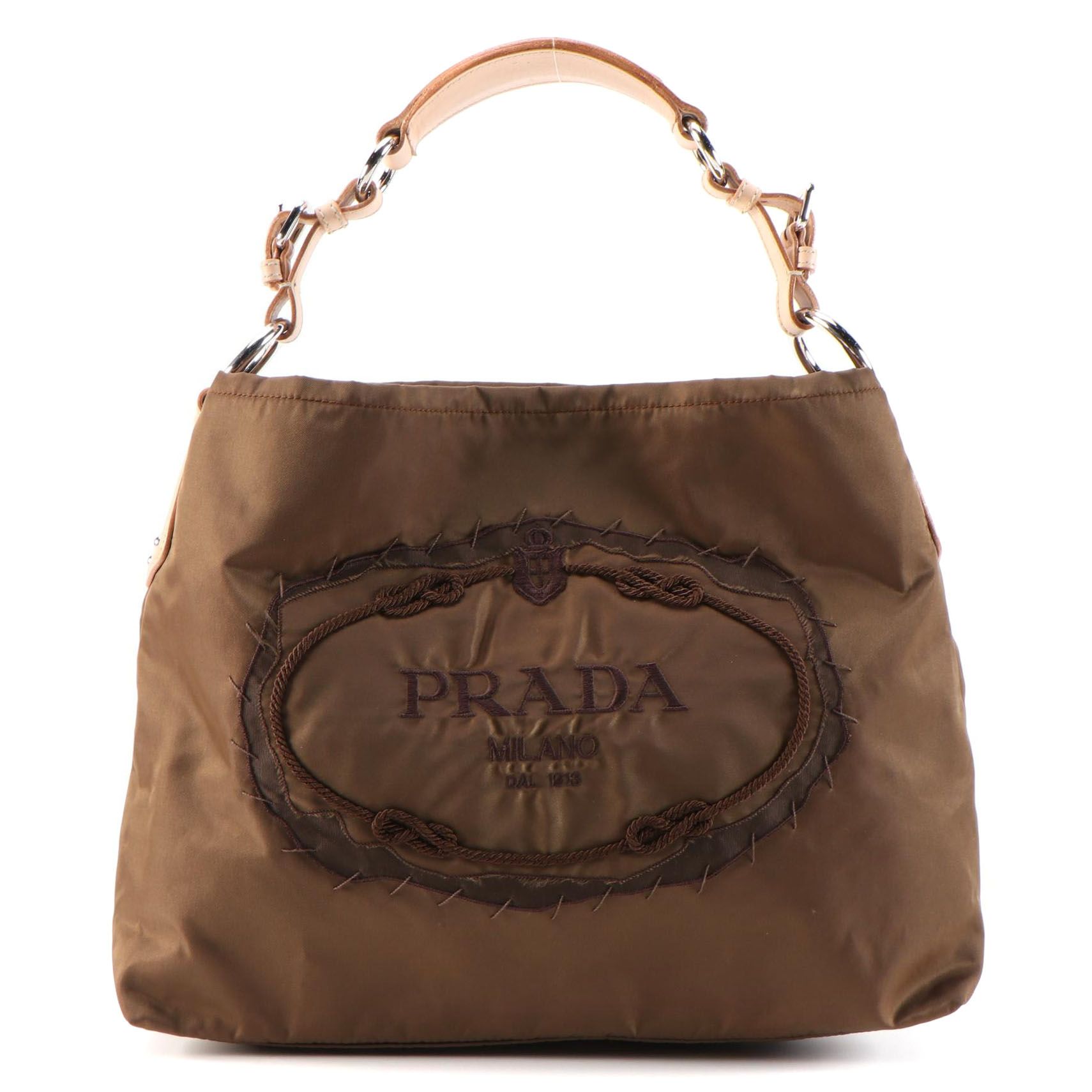 Prada Embroidered and Appliquéd Logo Tote Bag in Brown Nylon with Leather Trim
