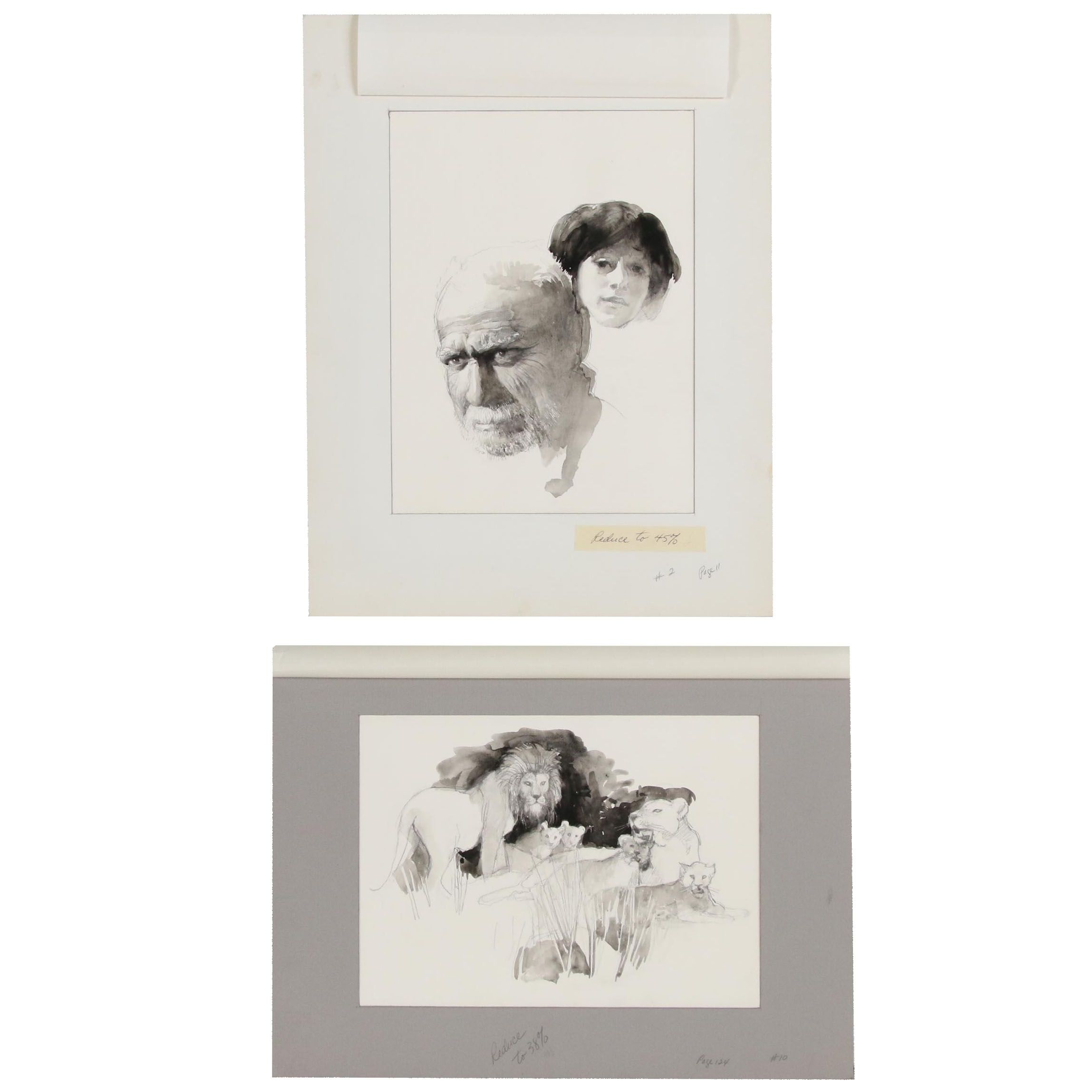 Daniel B. Schwartz Embellished Charcoal Drawings, Mid-Late 20th Century