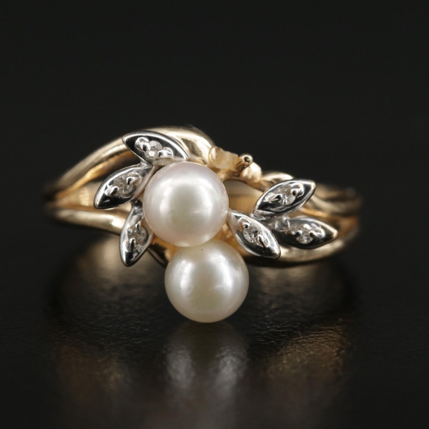 14K Pearl and Diamond Foliate Ring with Split Shank