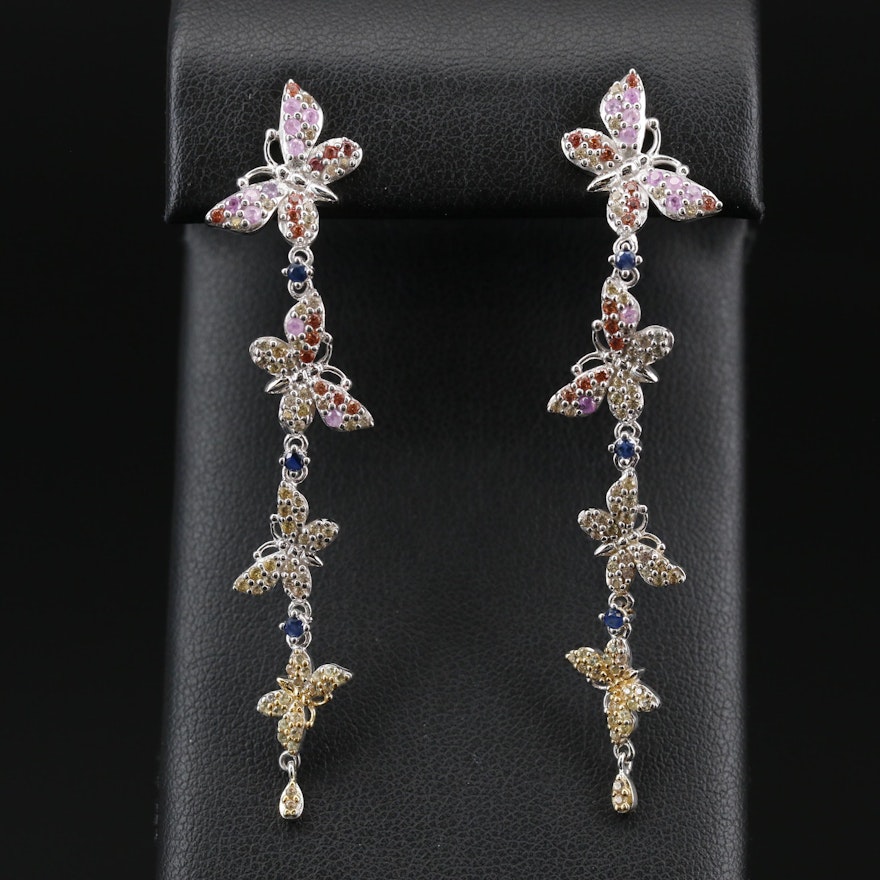 Sterling Silver Dangle Butterfly Earrings Featuring Multi-Colored Sapphires