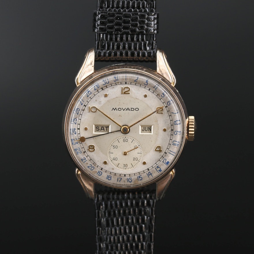Vintage Movado Calendograf Triple Calendar Gold Tone Stem Wind Wristwatch