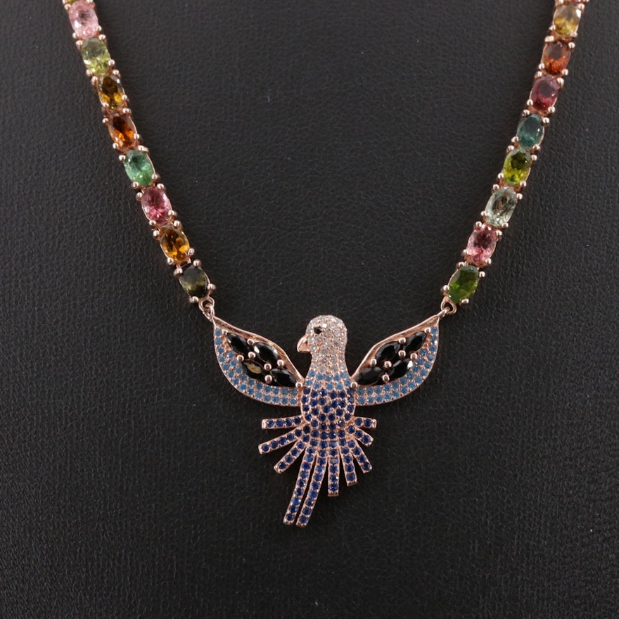 Sterling Silver Tourmaline, Citrine, and Cubic Zirconia Eagle Pendant Necklace