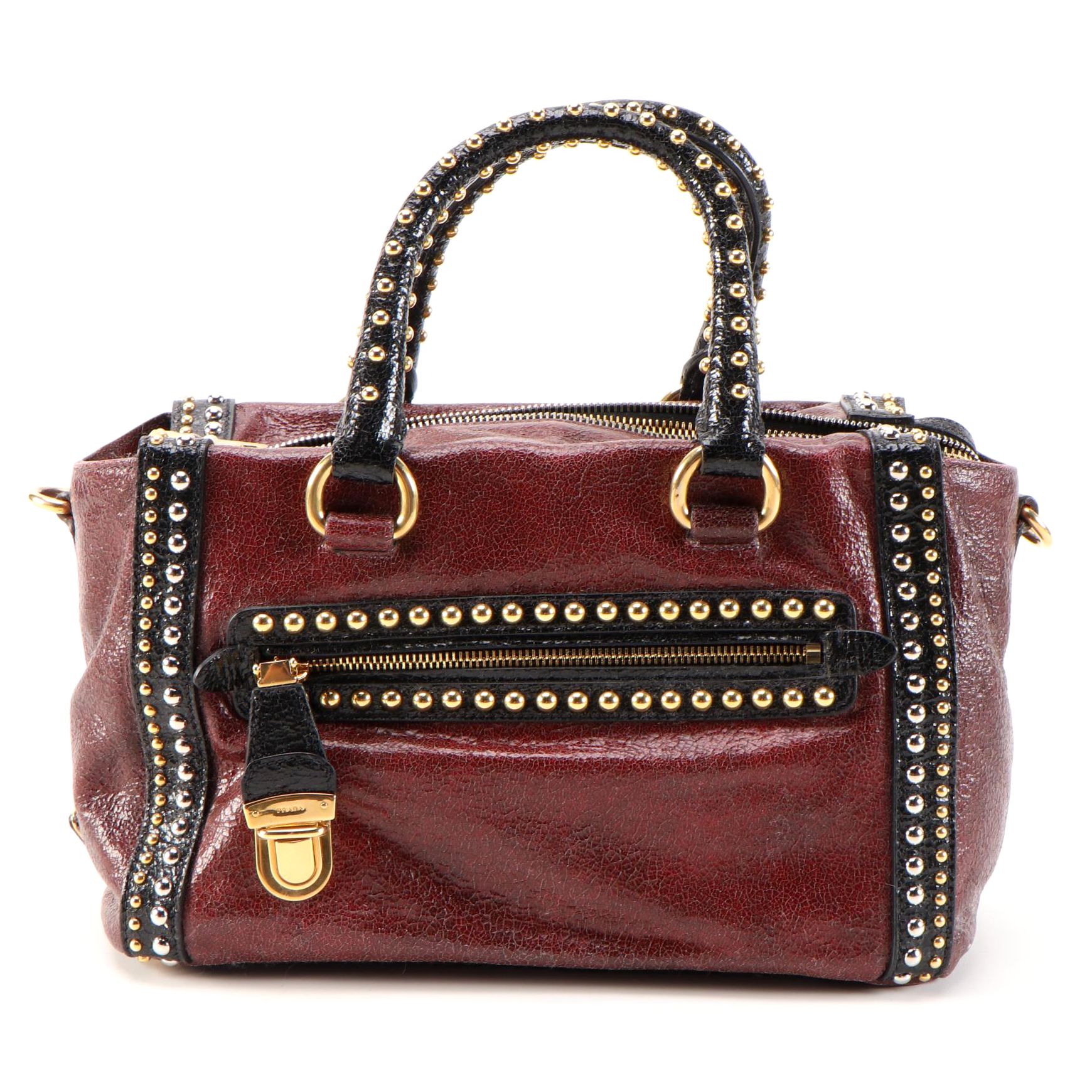 Prada Talco Craquele Leather Studded Bauletto Bag