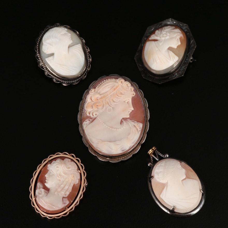 Collection of Sterling Shell Cameo Converter Brooches and Pendant