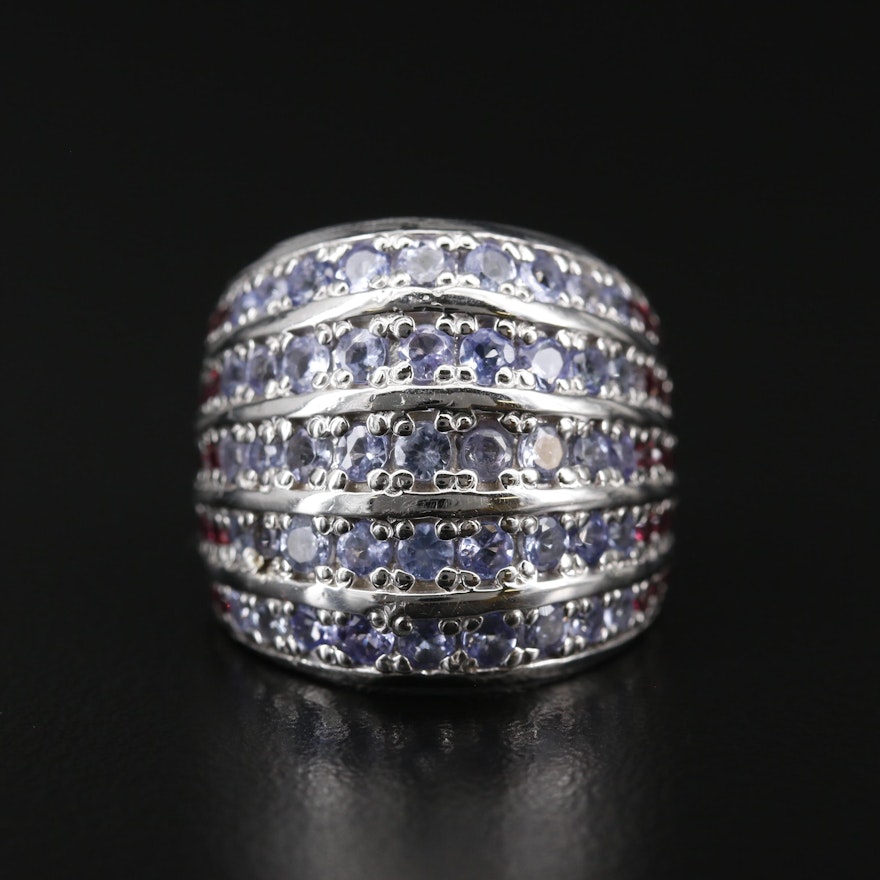 Sterling Silver Tanzanite, Rhodolite Garnet and Sapphire Multi-Row Ring