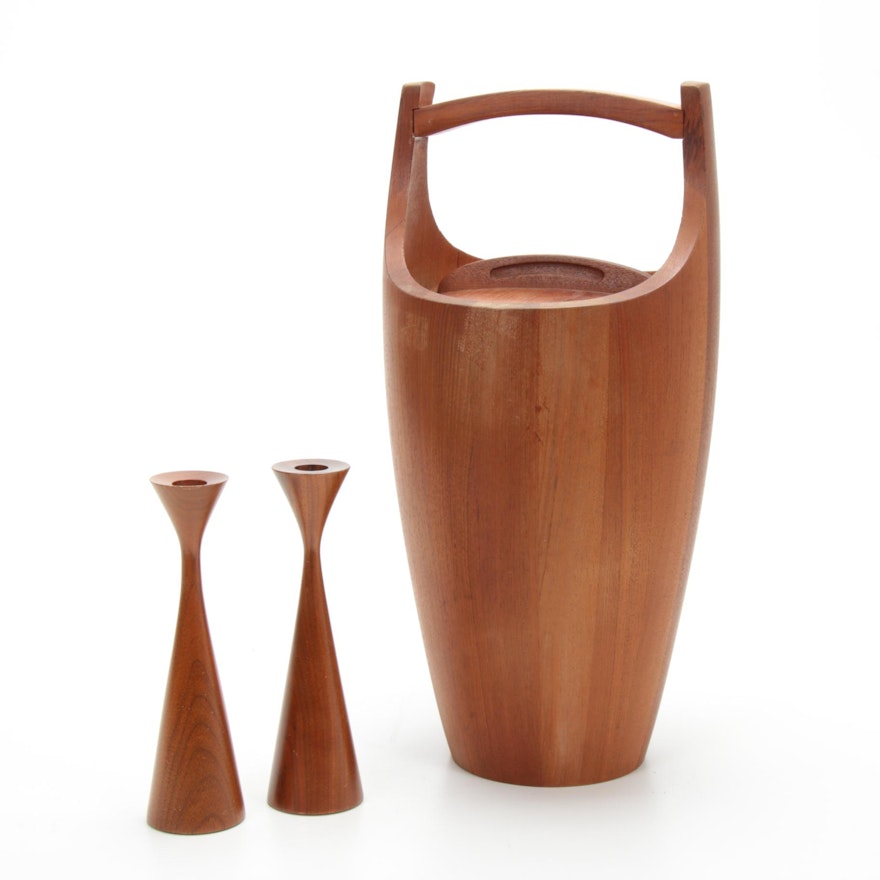 Dansk Designs Ice Bucket and Candlesticks, Mid-20th Century