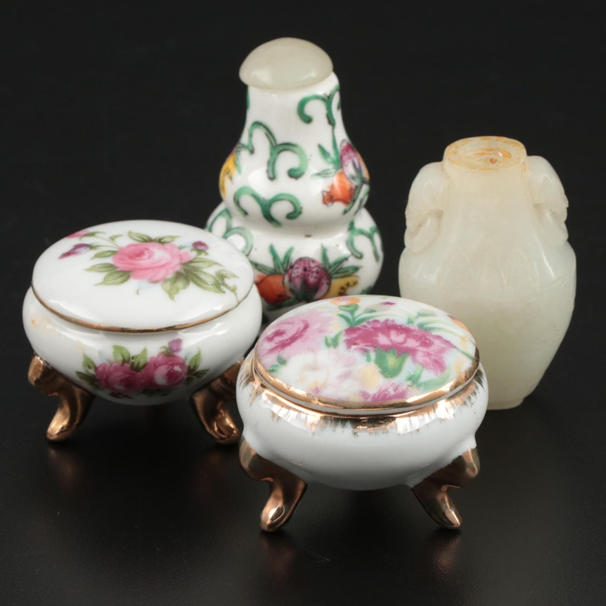 Nephrite and Ceramic Snuff Bottles with and Japanese Porcelain Trinket Dishes