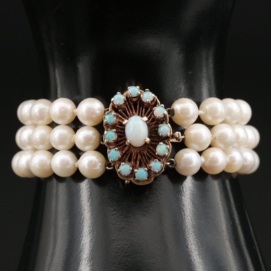 14K Gold Cultured Pearl and Opal Multi Strand Bracelet