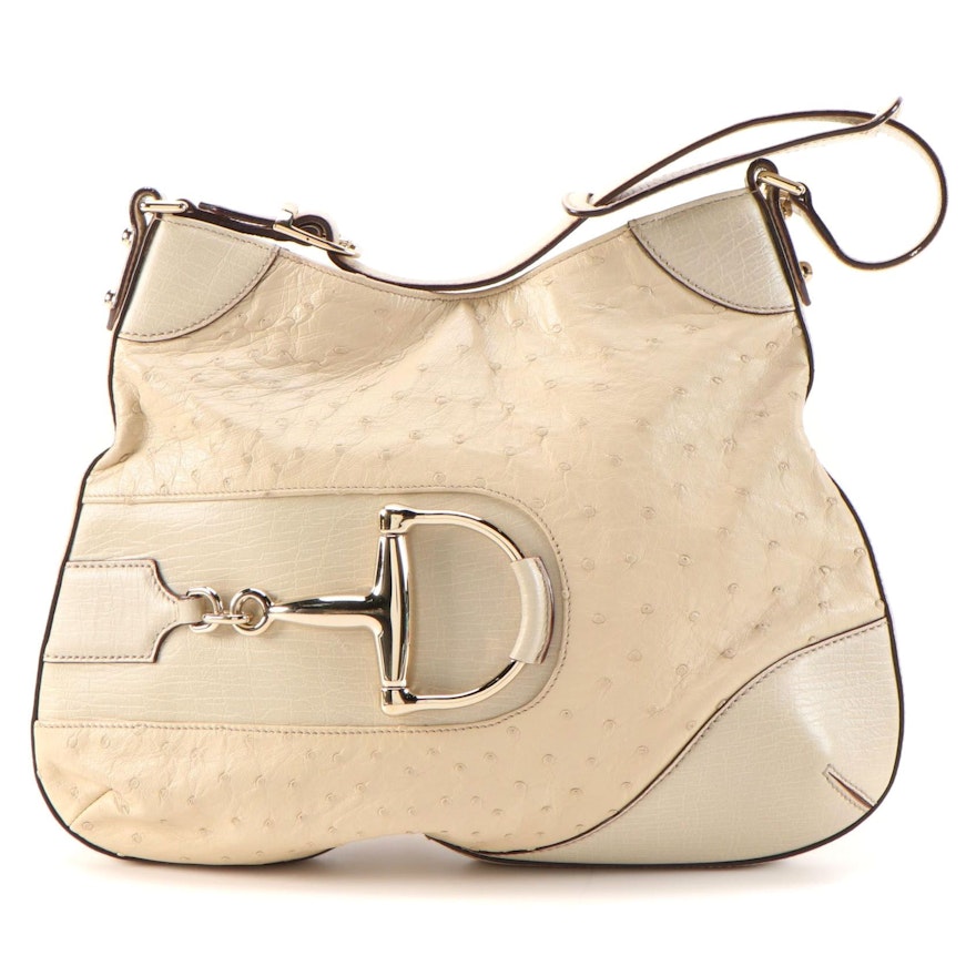 Gucci Hasler Horsebit Shoulder Bag in Ostrich Skin with Leather Trim