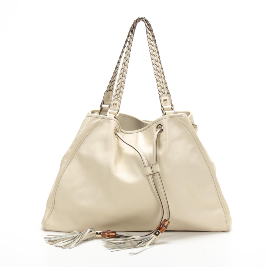 Gucci Bamboo Peggy Tote in Ivory Leather with Drawstring Tassels
