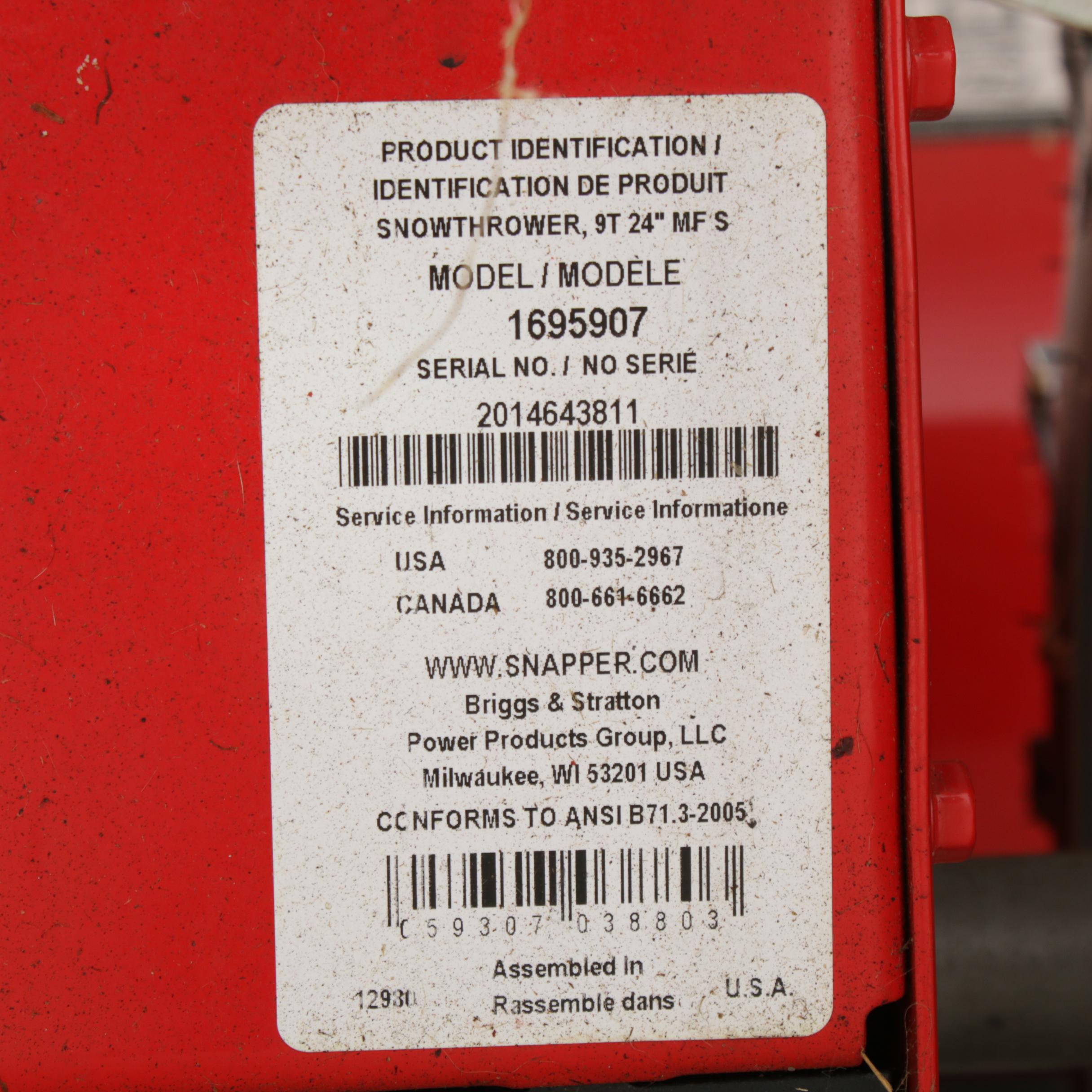 Snapper M924E Snow Thrower