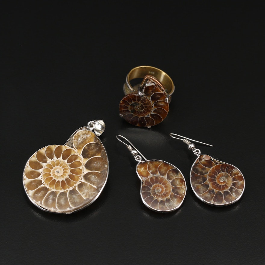 Ammonite Earring, Pendant and Ring Set Including Sterling Silver