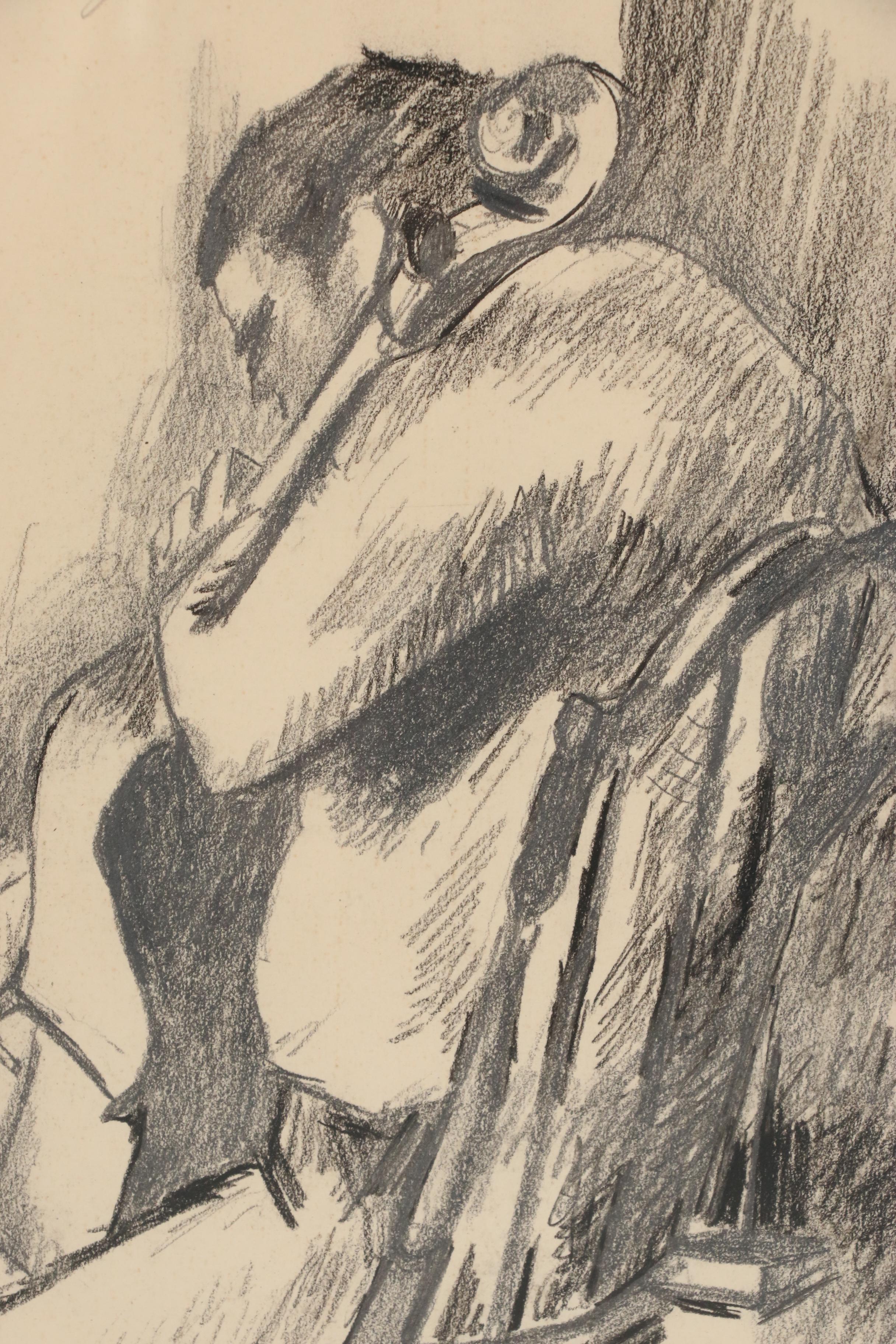 Leon Kelly Charcoal and Graphite Drawing of Cellist