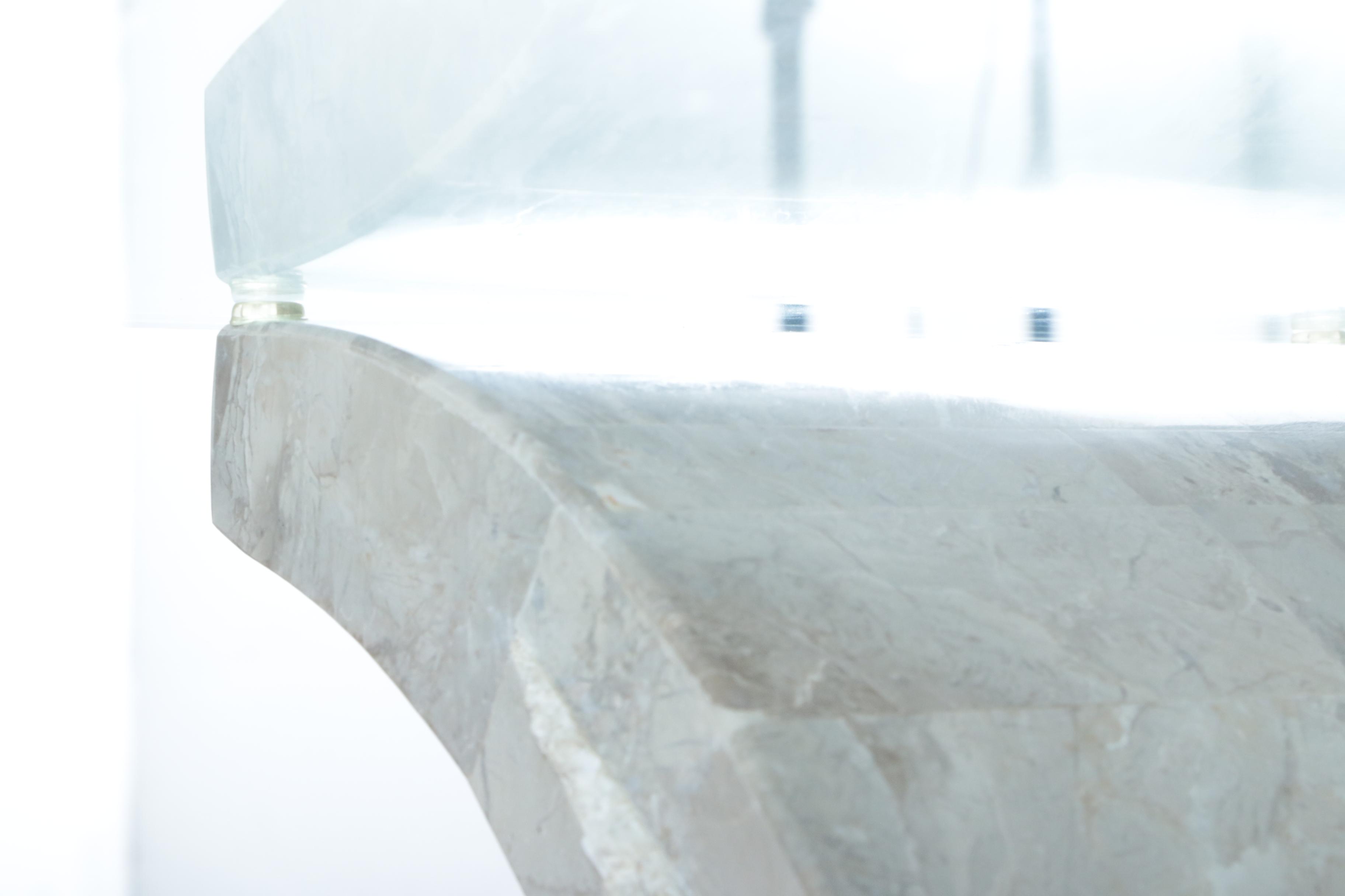 Pair of Contemporary Tessellated Marble and Glass End Tables