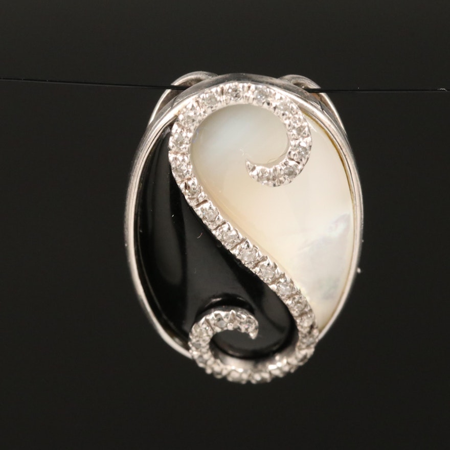 Sterling Silver Black Onyx, Mother of Pearl, and Diamond Swirl Motif Pendant