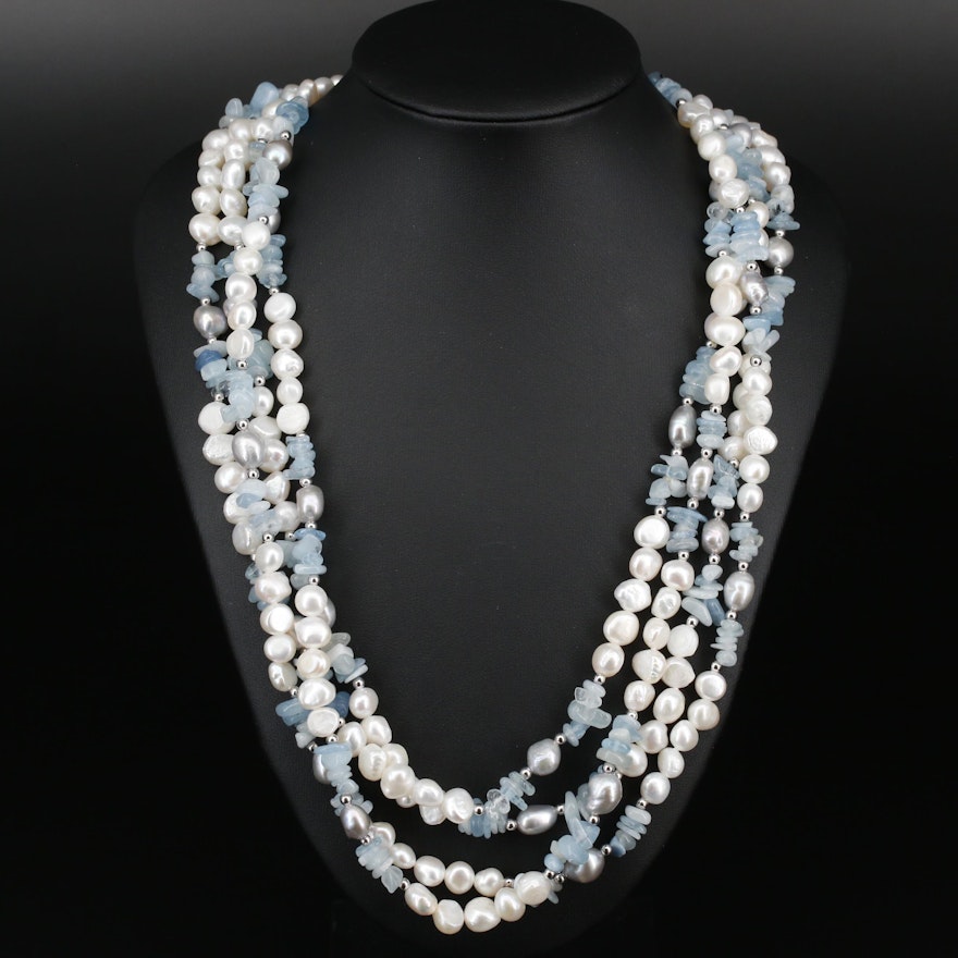 Aquamarine and Cultured Pearl Endless Strand Necklace