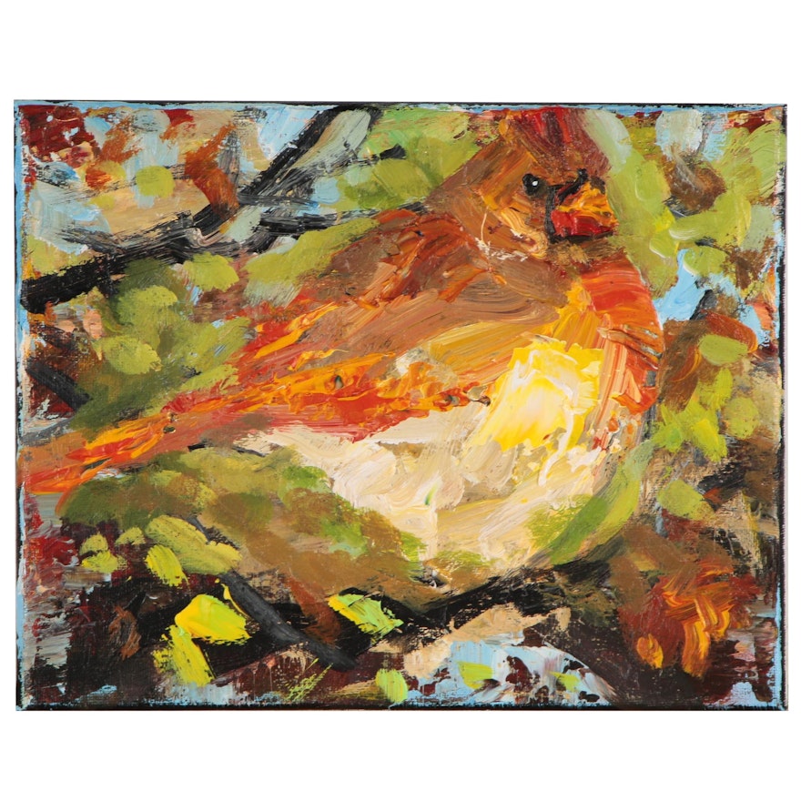 Elle Raines Acrylic Painting of a Cardinal