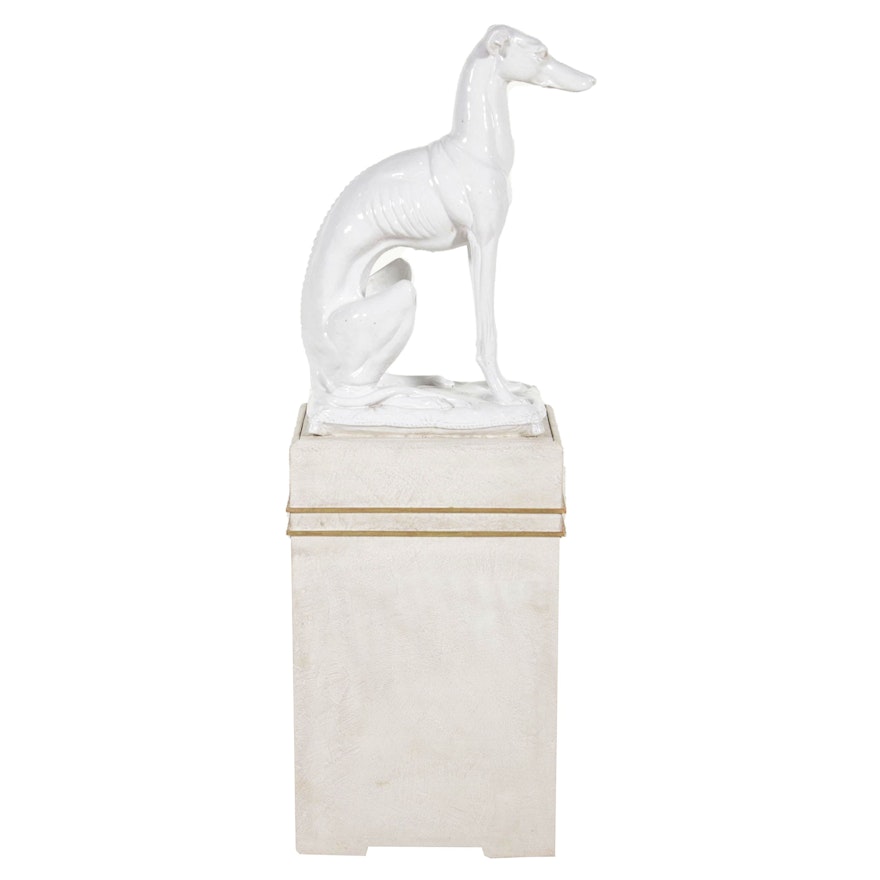 Hollywood Regency Italian Majolica Whippet Statue With Stand