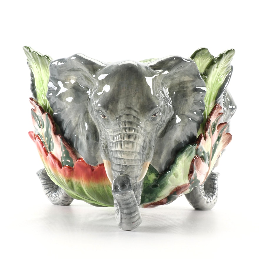Fitz & Floyd "Exotic Jungle" Ceramic Elephant Centerpiece Bowl