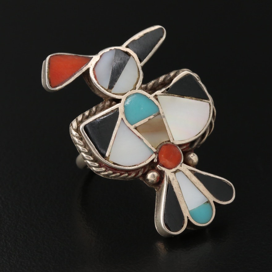 Sterling Silver Mother Of Pearl, Coral and Imitation Turquoise Ring