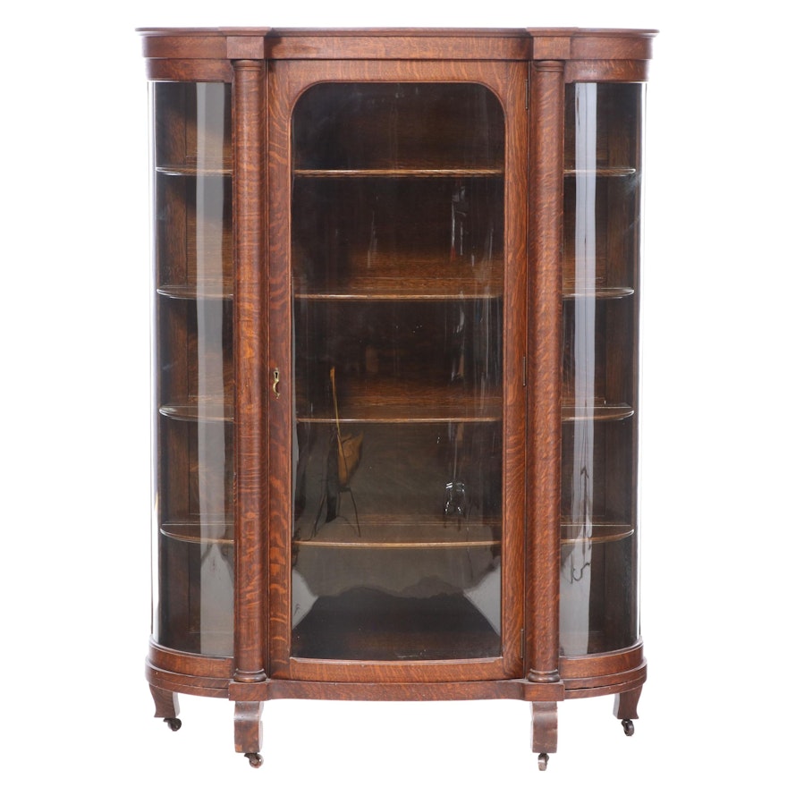 American Empire Revival Oak Bowfront Display Cabinet, Early 20th Century