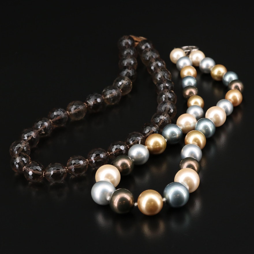 Sterling Silver Smoky Quartz and Faux Pearl Necklaces