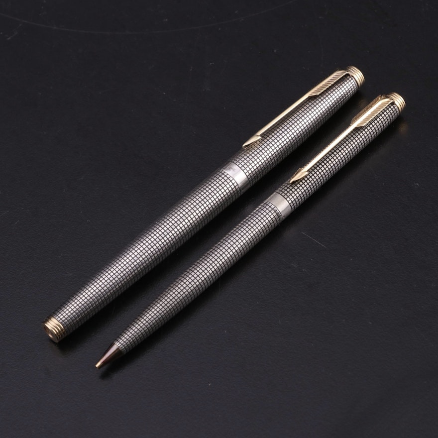 Parker "75 Ciselé" Sterling Silver Pencil and Fountain Pen with 14K Gold Nib