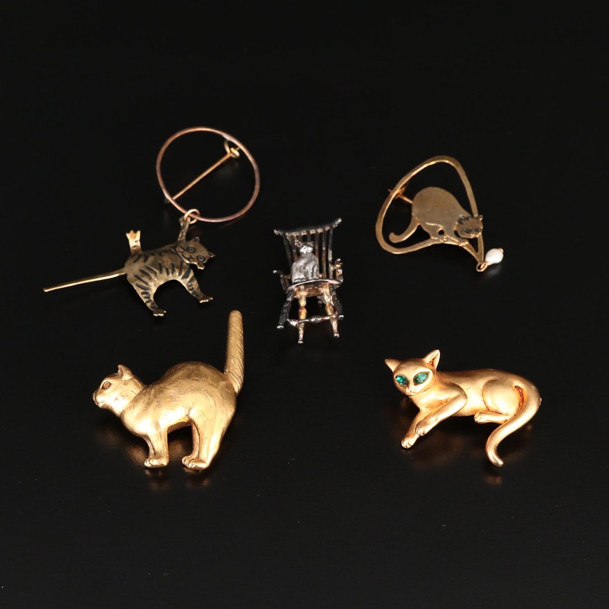 Assorted Costume and Sterling Silver Cultured Pearl and Glass Cat Brooches