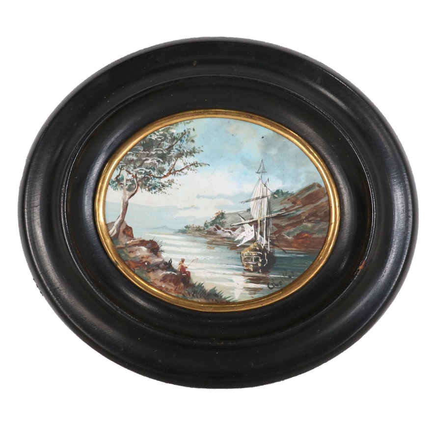 Miniature French Nautical Oil Painting, 1880