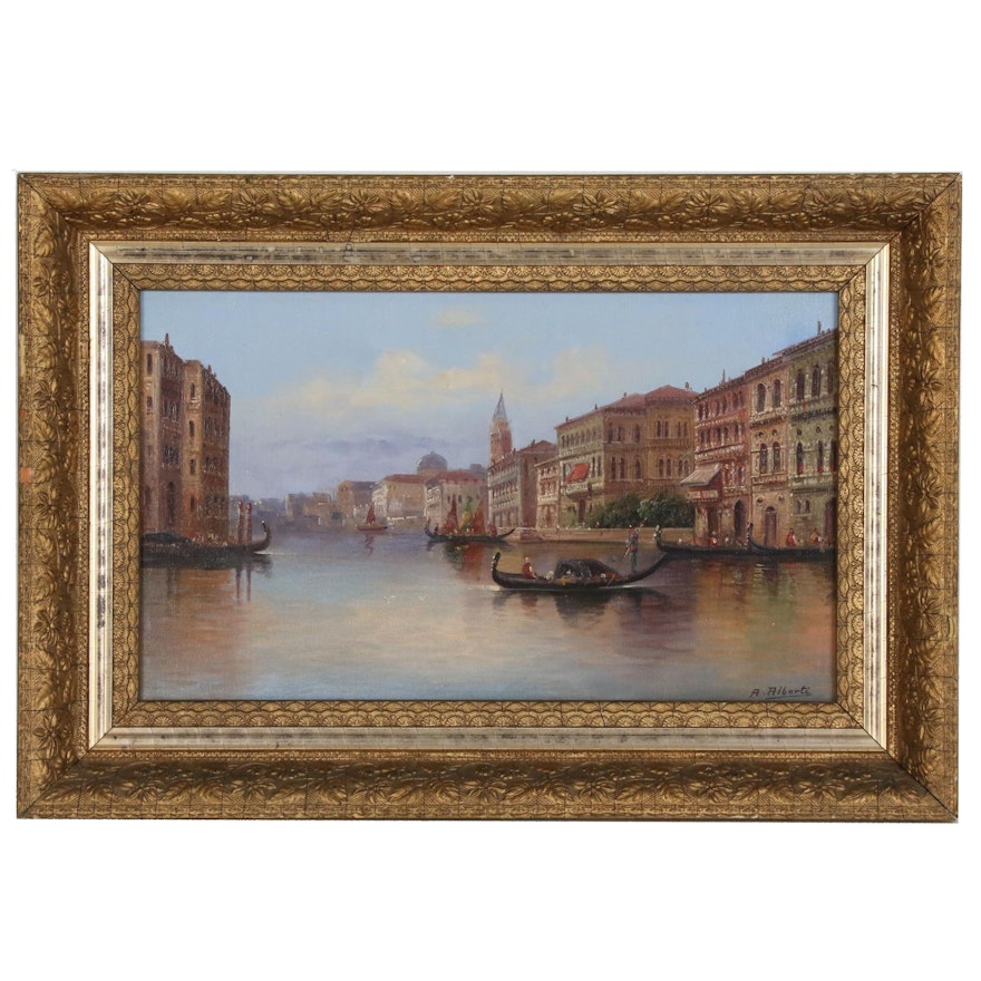 Oil Painting Venetian Landscape with Gondolas, Mid Century
