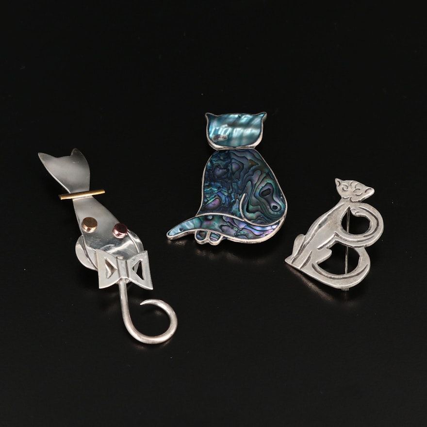 Mexican Sterling Silver Cat Brooches Featuring Abalone