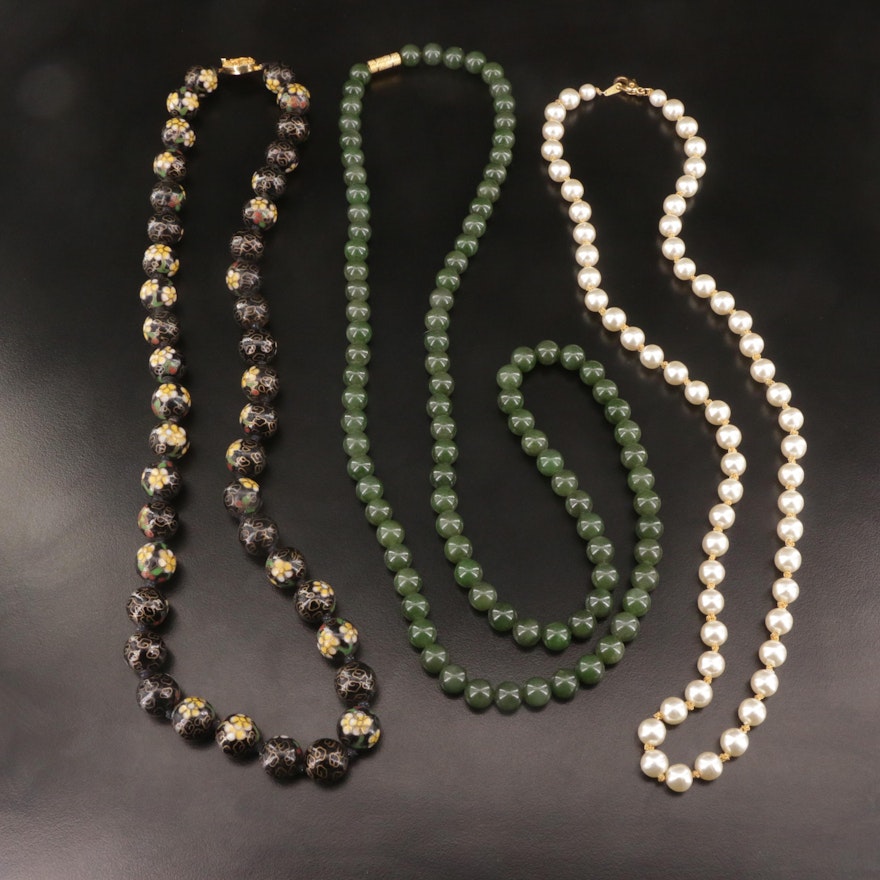 Beaded Necklaces Featuring Nephrite and Cloisonné Beads