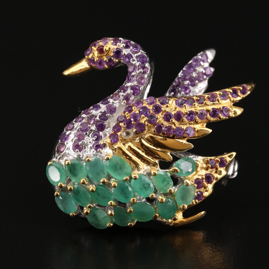 Sterling Silver Emerald, Amethyst and Garnet Swan Converter Brooch