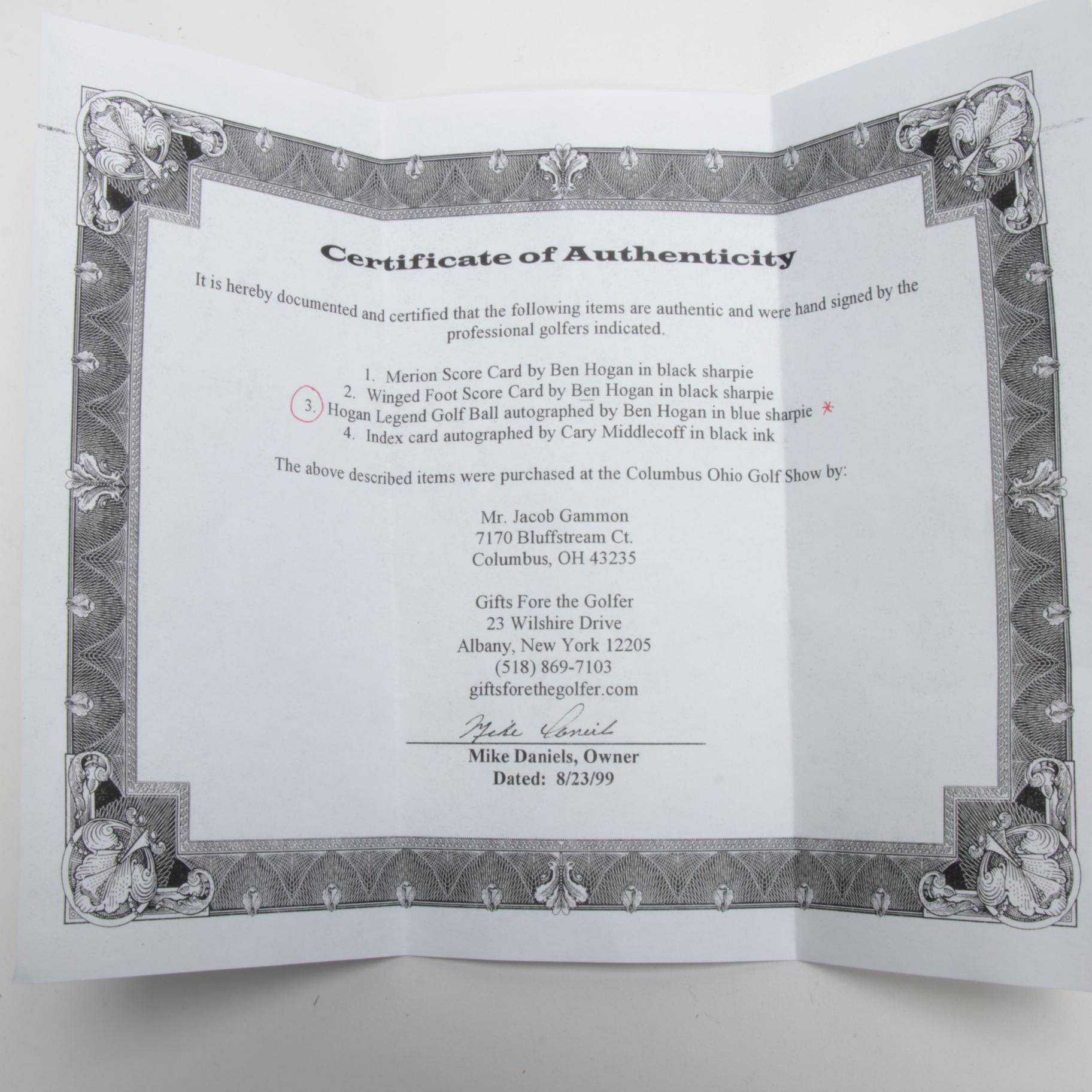 Ben Hogan Autographed Golf Ball