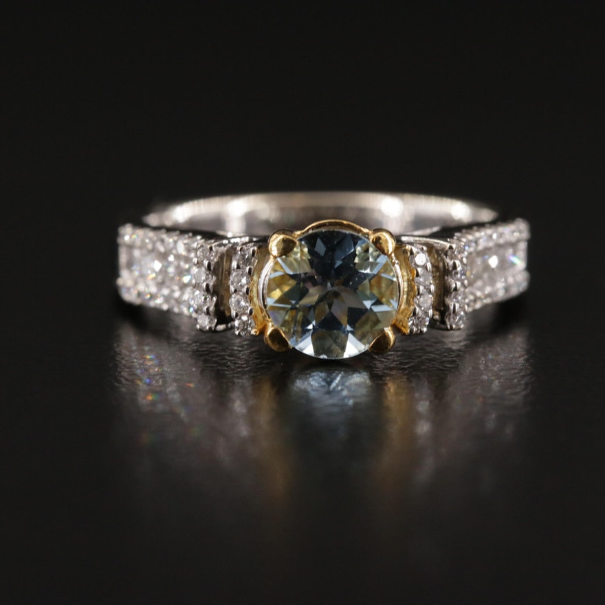 18K White Gold Aquamarine and Diamond Ring with Yellow Gold Accent