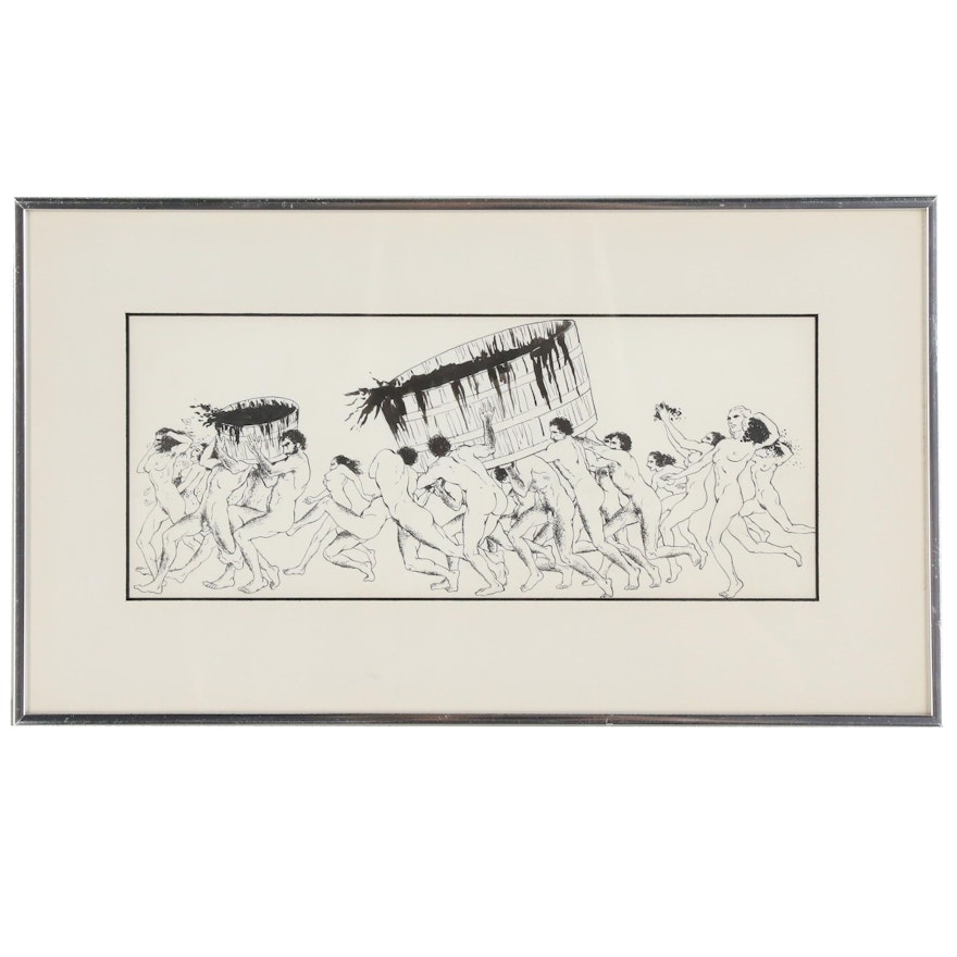 Jerry Young Pen and Ink Drawing of Figures Carrying Tubs