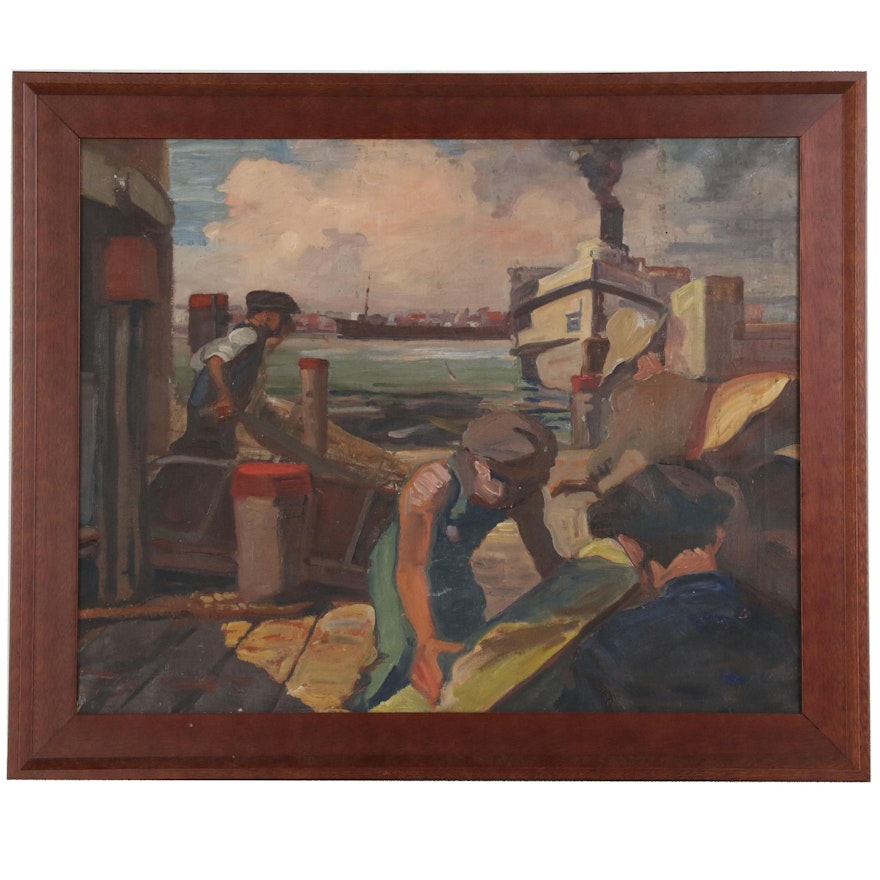 Genre Scene Oil Painting of Dock Workers