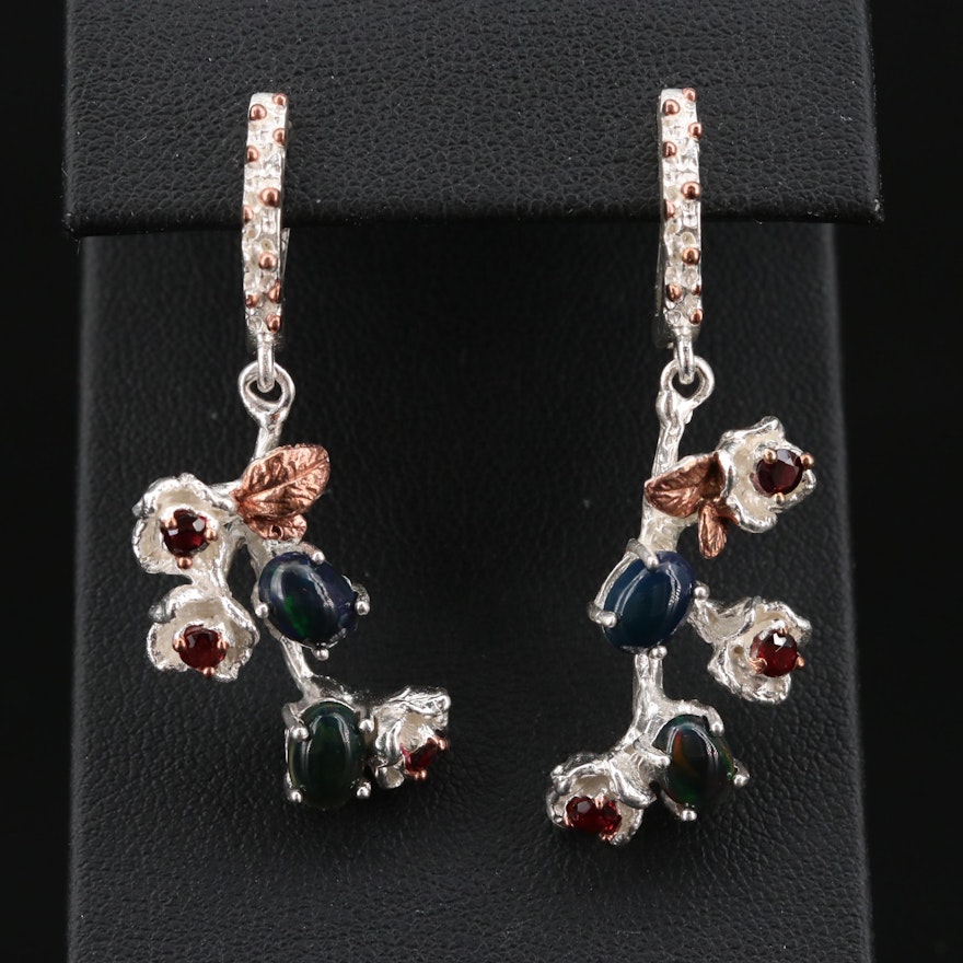 Sterling Silver Opal and Garnet Dangle Earrings