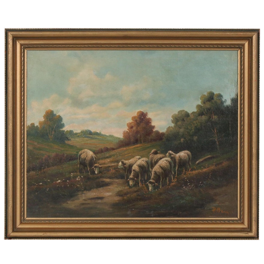 Pastoral Landscape With Sheep Oil Painting, Early 20th Century