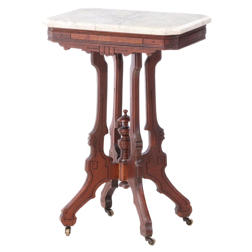 Victorian Eastlake Walnut Marble Top Center Table, Late 19th Century