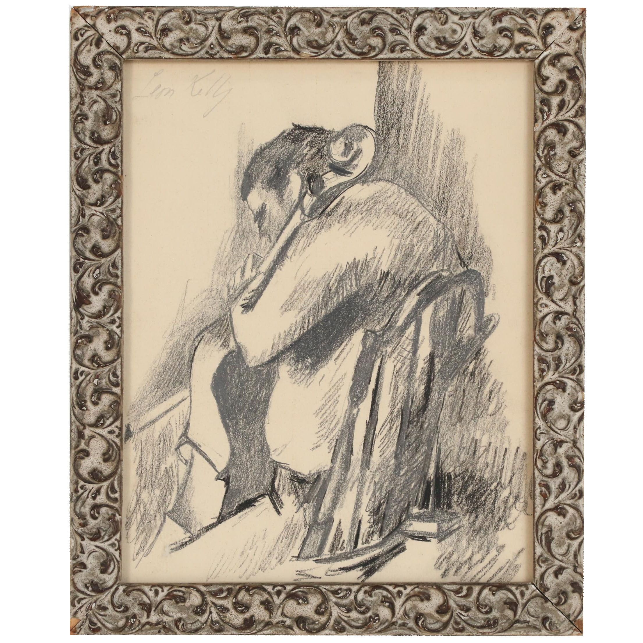 Leon Kelly Charcoal and Graphite Drawing of Cellist